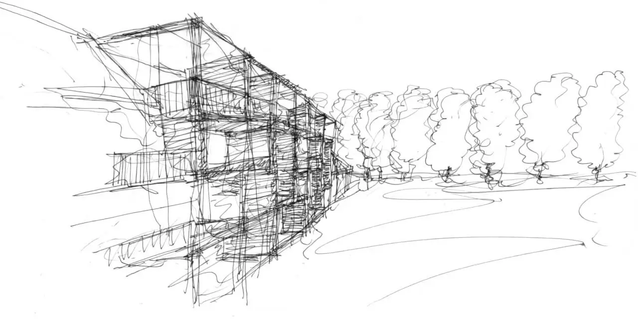 Eine architektonische Skizze eines Gebäudes mit Balkonen und umgebender Natur.