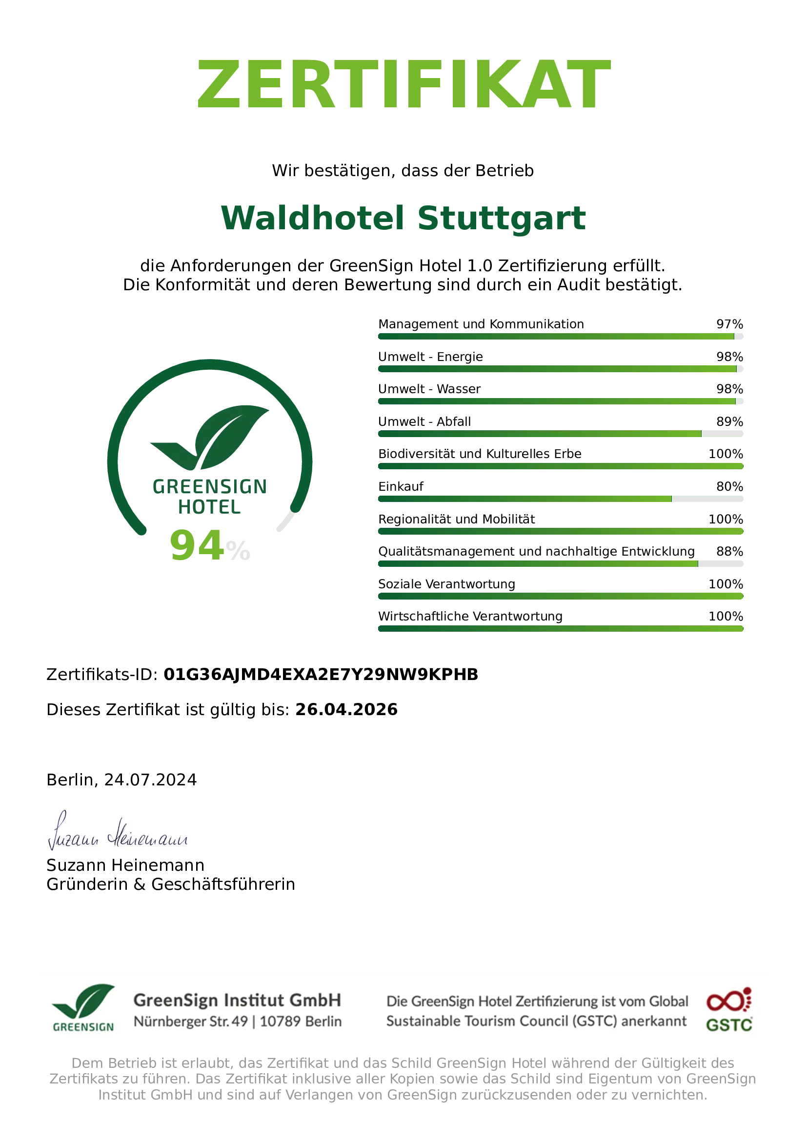 Ein Zertifikat des Waldhotels Stuttgart als nachhaltiges Hotel Stuttagrt mit 94% GreenSign Bewertung.