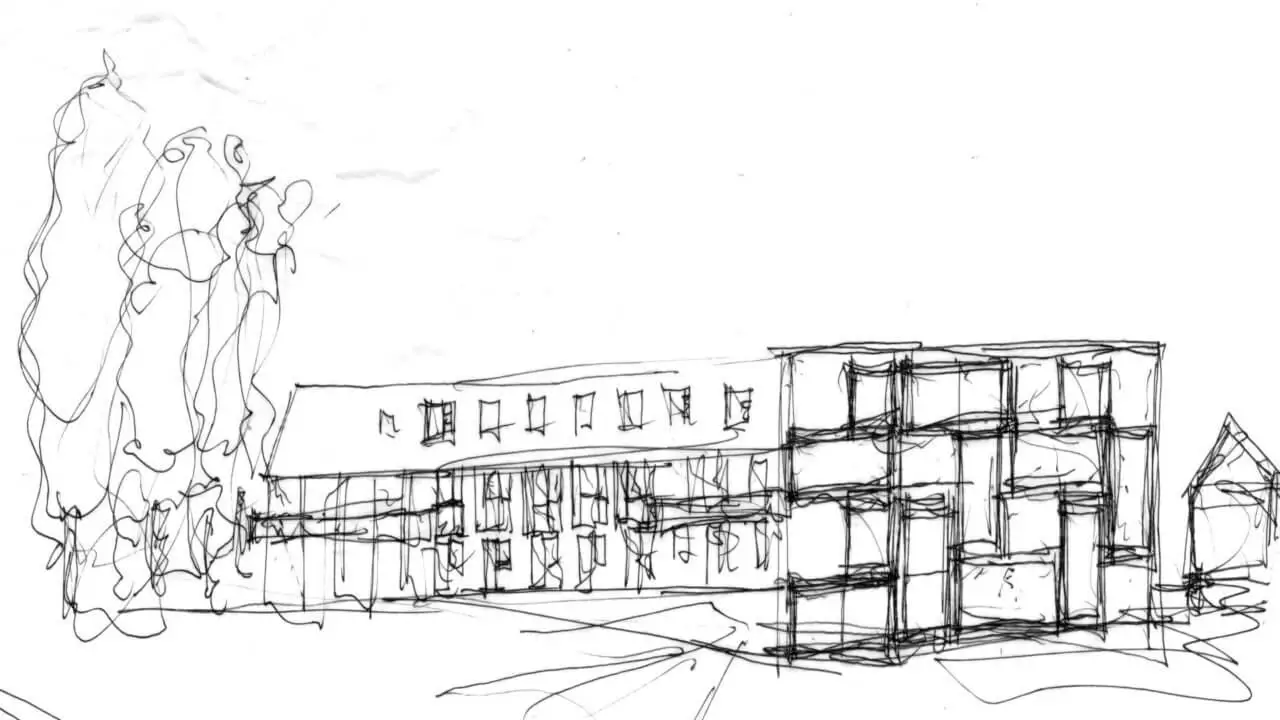 Eine Skizze eines modernen Hotelgebäudes mit architektonischem Konzept.