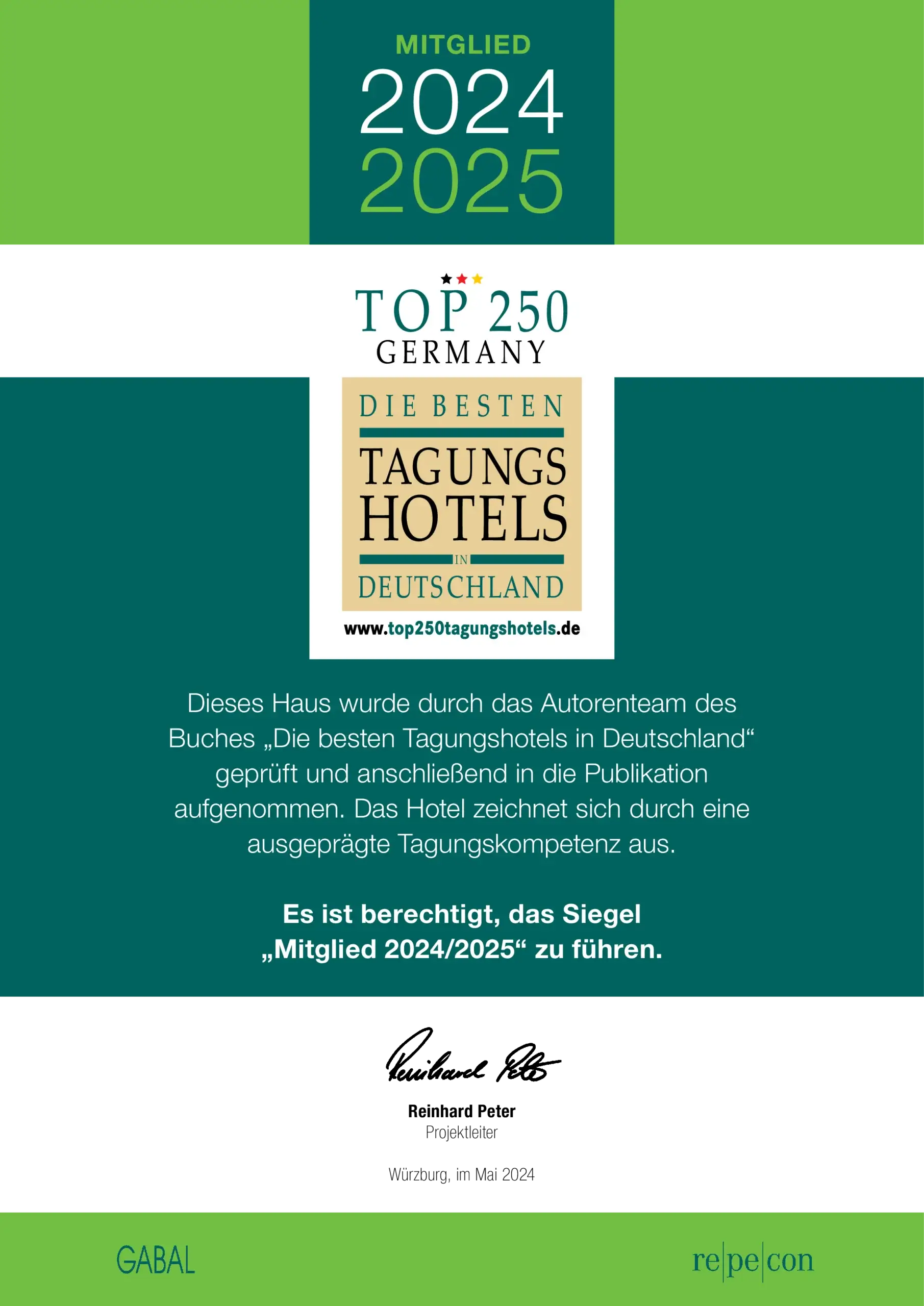 Die Mitgliedsurkunde der Top 250 Tagungshotels.
